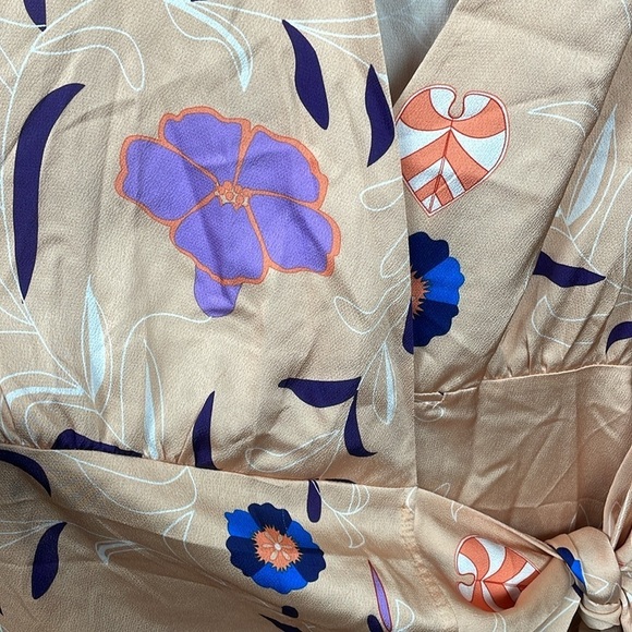 NWT Bonheur d'Amour Floral Wrap Dress Beige Tan Spring Sz L - Picture 11 of 11